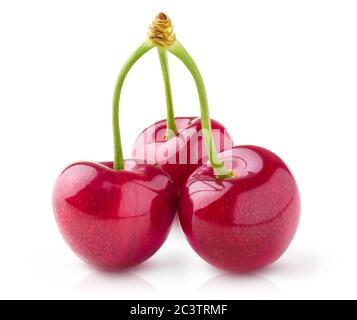 Isolated cherries. Three sweet cherries on one stem isolated on white background Stock Photo