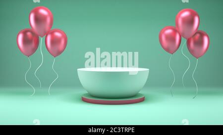 3D rendering of a white podium and pink balloons floating on a green pastel background for product presentation scene Stock Photo