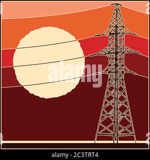 Stylized vector illustration on the theme of high voltage power lines, industrial, symbols of the energy sector Stock Vector