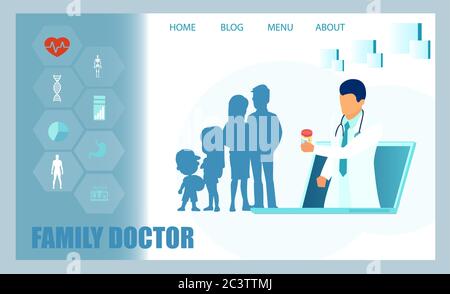 Online medical advise or consultation service concept. Vector of a family doctor and a couple with children chatting with a physician via internet Stock Vector