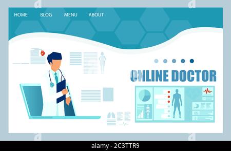 Online medical service concept. Vector of a medical professional, a doctor consulting patients online via modern mobile technology, internet website Stock Vector
