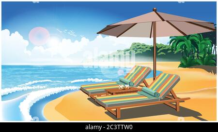 Two deck chairs and an umbrella on the sandy beach of an exotic country Stock Vector