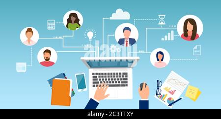 Vector of a manager communicating with employees online and working on the project, remotely from home Stock Vector