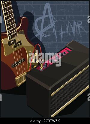 Stylized vector illustration of an electric guitar and guitar amplifier on a old brick wall background with graffiti Stock Vector