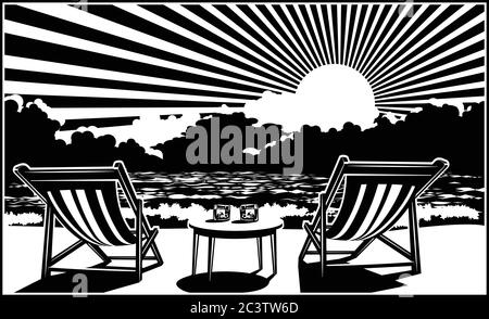 Two deckchairs on the beach, whiskey and the setting sun over the sea Stock Vector