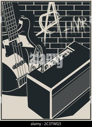 Stylized vector illustration of an electric guitar and guitar amplifier on a brick wall with graffiti background Stock Vector