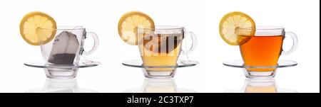 Set of three tea cups with lemon slice and tea bag isolated on white background, make a tea concept Stock Photo