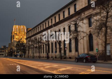 Syracuse, New York, USA. June 20, 2020. Erie Boulevard in downtown Syracuse, New York with the historical art deco designed Niagara Mohawk Building in Stock Photo