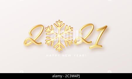 Gold realistic metallic text 2021 with golden snowflake. Vector illustration Stock Vector