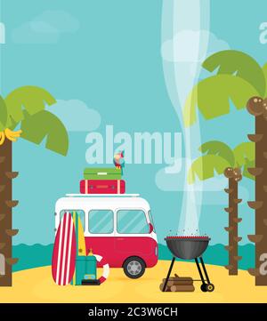 Vector caravan trailer camping in flat style. Stock Vector