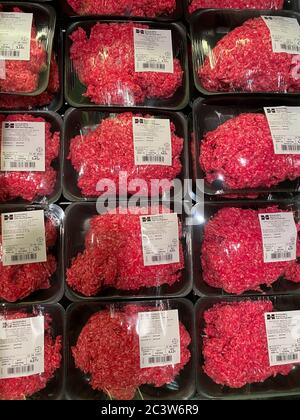 Mönchengladbach, Germany - June 22. 2020: View on isolated plastic packages with raw minced meat in freezer Stock Photo