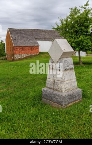 Gettysburg, PA, USA - June 20, 2018: The General Daniel Sickles marker, showing where he was wounded on the battlefield on the second day of fighting. Stock Photo