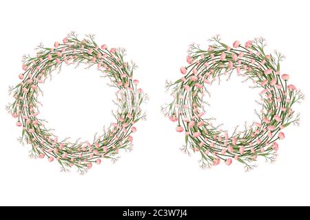 Beautiful seamless wreath with pink flower bunches. Botanical wallpaper. Floral circle frame for wedding, birthday invitation. Stock Vector