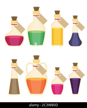 Set of cartoon bottles and potions. Flat vector. Stock Vector