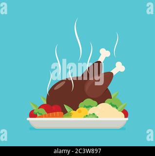 Flat vector baked chicken, turkey. Stock Vector