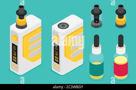 Isometric Icon of Vape device set. Flat vector. Stock Vector