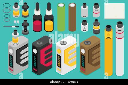Isometric Icon of Vape device set. Flat vector. Stock Vector