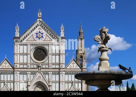 Detail of fountain in piazza Santa Croce, Florence, Italy, in the background the Basilica of Santa Croce (Holy Cross basilica and Holy Cross square) Stock Photo