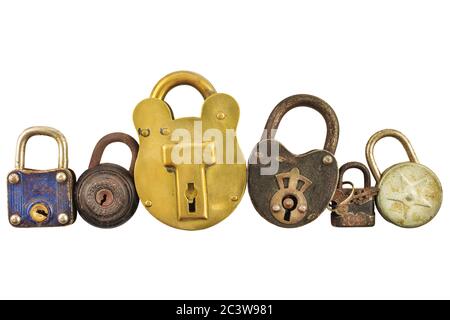 Row of vintage rusted locks isolated on a white background Stock Photo