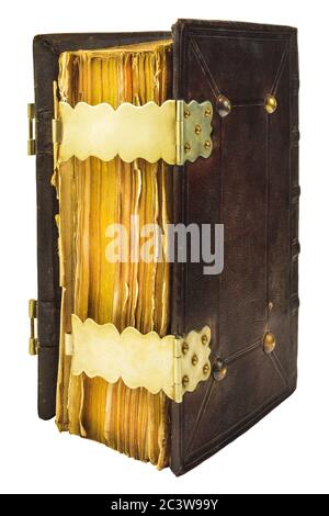 Medieval bible with leather cover isolated on a white background Stock Photo