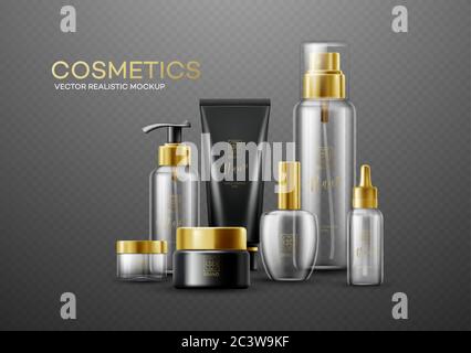 Set of mockup template white, black and glass cosmetic bottles with gold caps isolated on a dark background. Real transparency effect. Vector Stock Vector