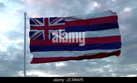 Flag of Hawaii waving in the wind against deep beautiful clouds sky. 3d rendering Stock Photo