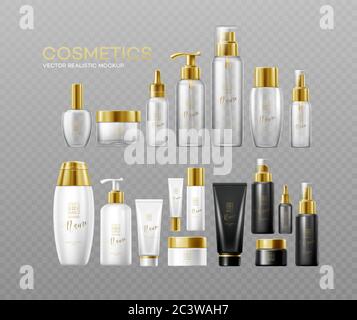 Set of mockup template white, black and glass cosmetic bottles with gold caps isolated on a dark background. Real transparency effect. Vector Stock Vector