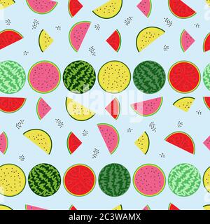 seamless pattern of striped watermelons, halves and slices of pink, yellow and red watermelons on a light blue background Stock Vector