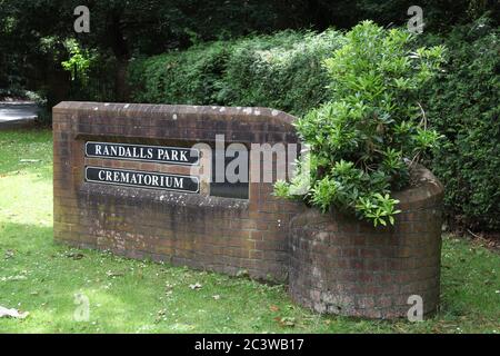 Entrance to Randalls Park Crematorium, Leatherhead, Surrey, UK, Summer 2020 Stock Photo