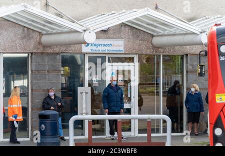 Stagecoach at Elgin, Alexandra Road, Elgin, Moray, UK. 22nd June, 2020. UK, IV30 1PW. This is passengers boarding a Bus in Elgin, all wearing their Masks. Credit: JASPERIMAGE/Alamy Live News Stock Photo