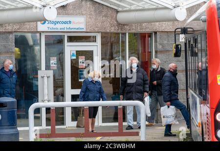 Stagecoach at Elgin, Alexandra Road, Elgin, Moray, UK. 22nd June, 2020. UK, IV30 1PW. This is passengers boarding a Bus in Elgin, all wearing their Masks. Credit: JASPERIMAGE/Alamy Live News Stock Photo