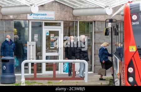 Stagecoach at Elgin, Alexandra Road, Elgin, Moray, UK. 22nd June, 2020. UK, IV30 1PW. This is passengers boarding a Bus in Elgin, all wearing their Masks. Credit: JASPERIMAGE/Alamy Live News Stock Photo