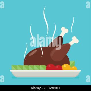 Flat vector baked chicken, turkey. Stock Vector
