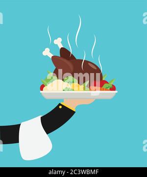 Vector flat illustration with hot cooked chicken. Stock Vector