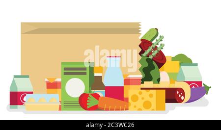 Paper bag, package with food and drink products. Flat design colored vector illustration Stock Vector