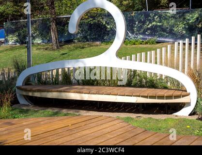 Voronezh, Russia - September 05, 2019: Unusual bench in the form of a coat hanger for clothes