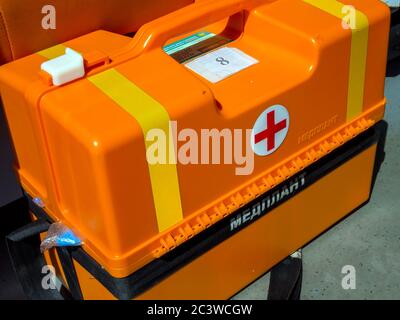 Voronezh, Russia - September 05, 2019: Medical styling kit with emergency and first aid