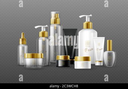 Set of mockup template white, black and glass cosmetic bottles with gold caps isolated on a dark background. Real transparency effect. Vector Stock Vector