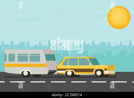 Flat vector Yellow Car Pulling Trailer Stock Vector