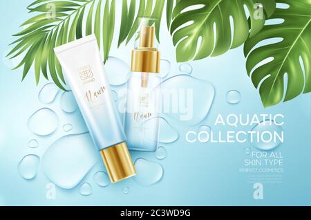 Cosmetics on blue water drop background with tropical palm leaves. Face cosmetics, body care banner, flyer template design. Vector illustration Stock Vector
