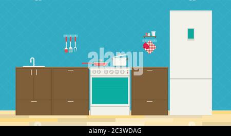 Interior of kitchen, pans on the stove, cooking. Vector illustration in flat style Stock Vector