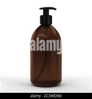 A brown transparent plastic bottle with a dispenser for cosmetics ...