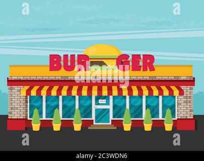 Facade of burger shop flat vector. Stock Vector