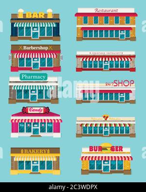 Set of vector flat design restaurants and shops facade Stock Vector