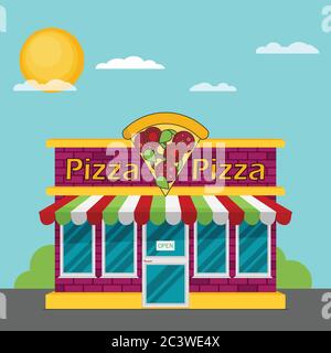 Facade of pizzeria flat vector. Stock Vector
