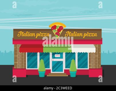 Facade of pizzeria flat vector. Stock Vector