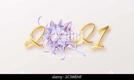 Happy New Year Realistic gold lettering 2021 with gift golden holographic rainbow bow and golden tinsel on a white background. Vector illustration Stock Vector