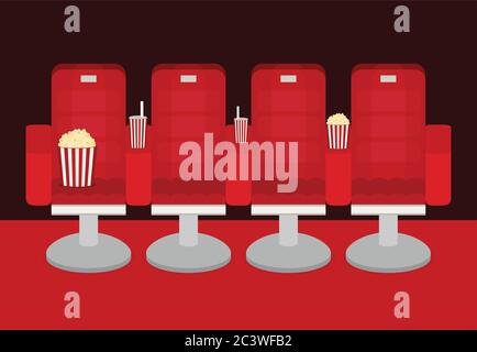 Cinema chairs with popcorn, soda. Vector illustration. Stock Vector