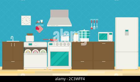 Interior of kitchen, pans on the stove, cooking. Vector illustration in flat style Stock Vector