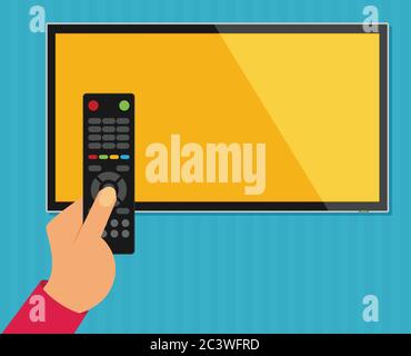 Human hand with black remote TV Control. Flat vector. Stock Vector